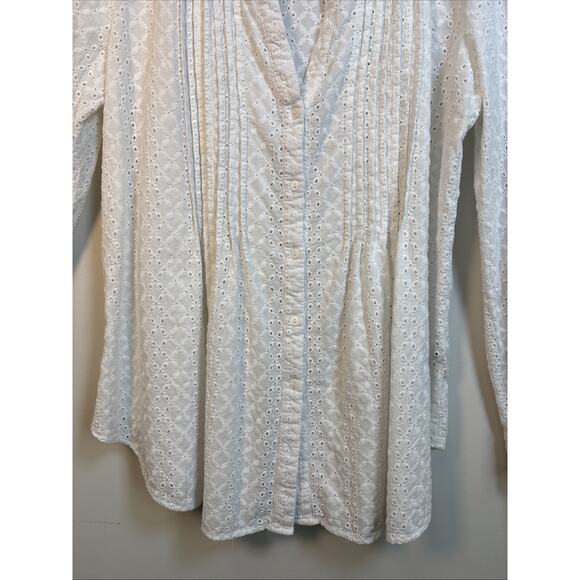 Fever White Eyelet Pintuck Boho Blouse Women’s L Cotton Peasant Top - Picture 3 of 16